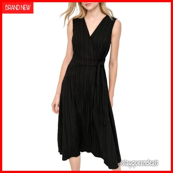 Sleeveless Surplice Neck Faux Wrap Shirtdress Knee-Length Travel Ready Sleeveless Surplice Neck Faux Wrap Shirtdress Knee-Length Travel Ready